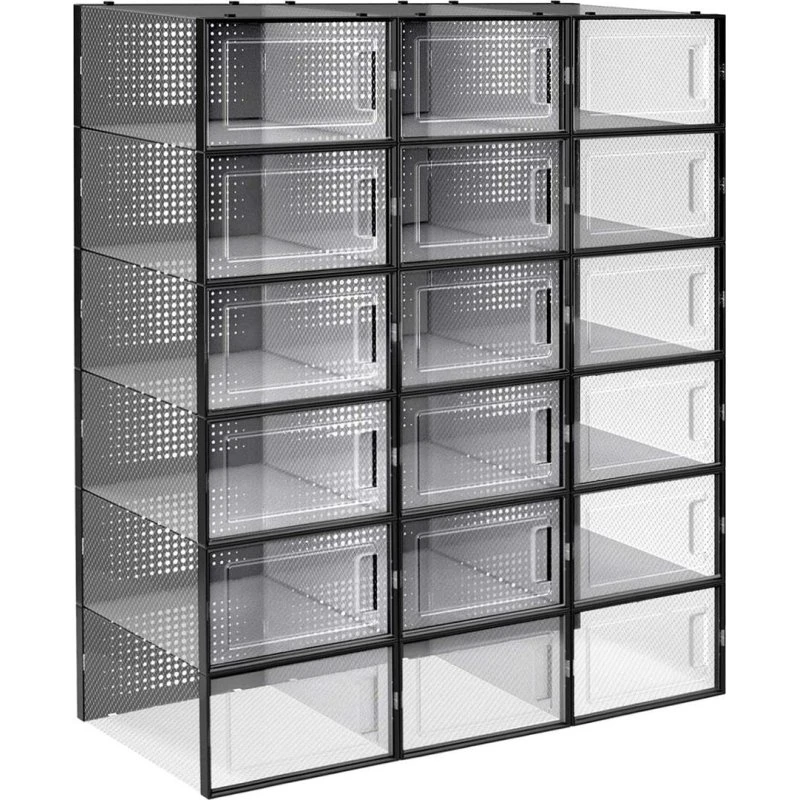 SONGMICS Skobokse stabelbare 18 stk., gennemsigtige med frontlåg, foldbare, op til UK 10.5, sort/transparent