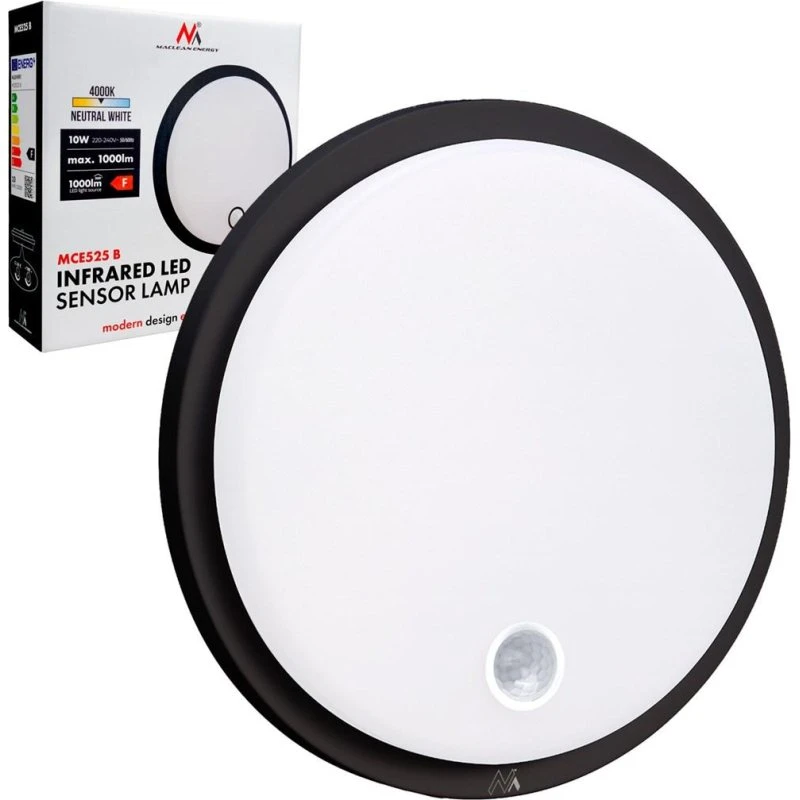 Maclean MCE525 B LED-loftlampe med bevægelsessensor, 10 W, IP65, neutral hvid