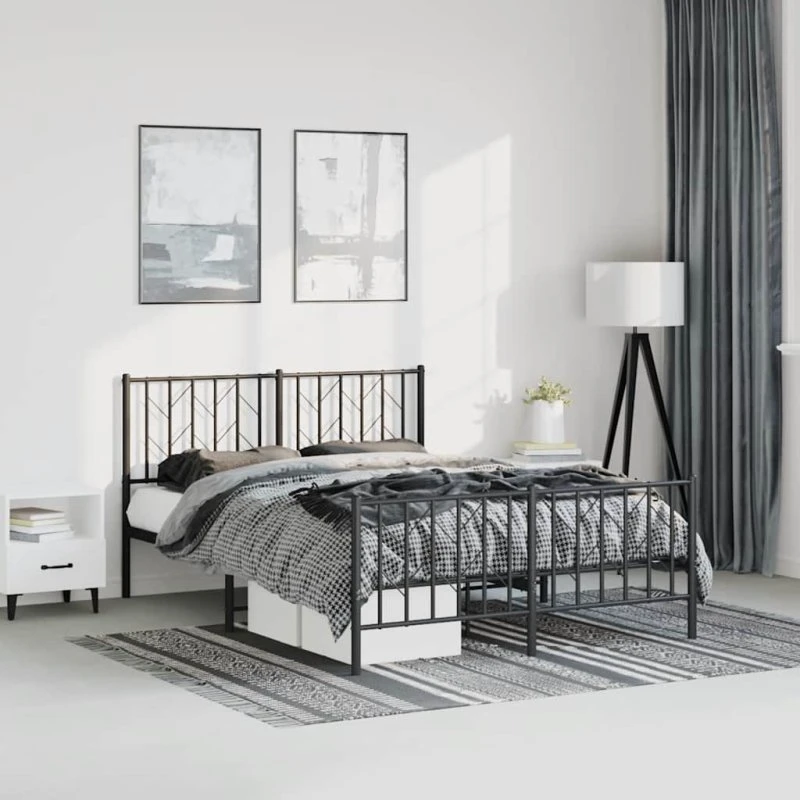 vidaXL Sengeramme 150x200 cm Metal Sort med Gavl og Fodgærde