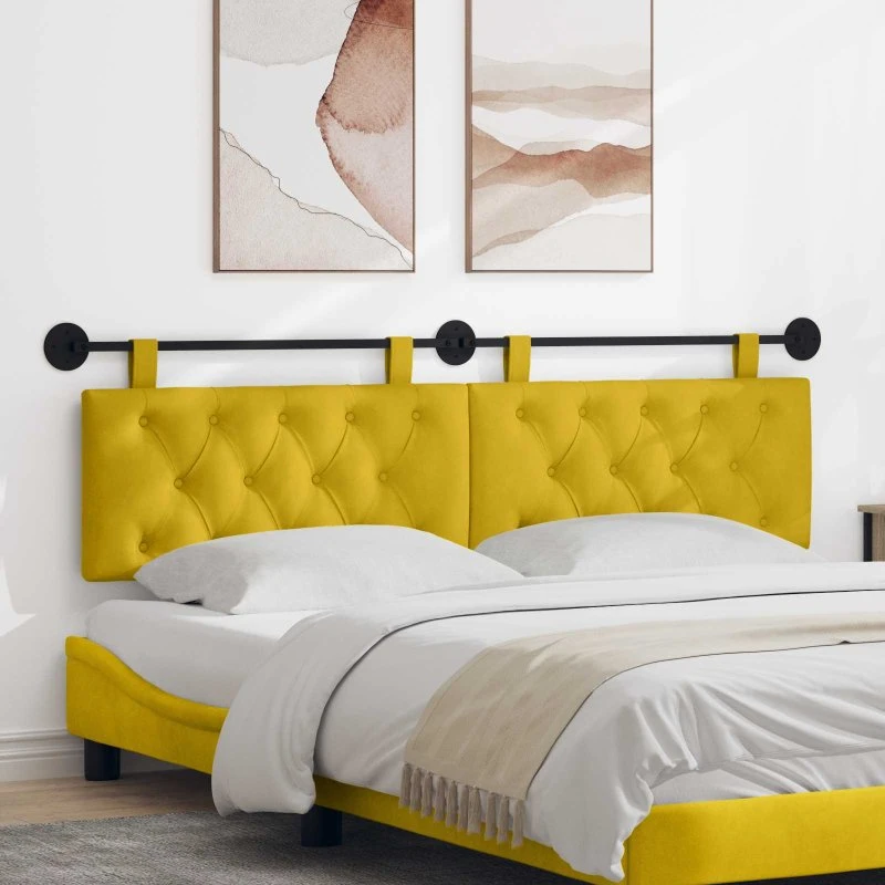 vidaXL Hængende Sengegavl med LED-lys, Gul Fløjl, 190 × 55 cm