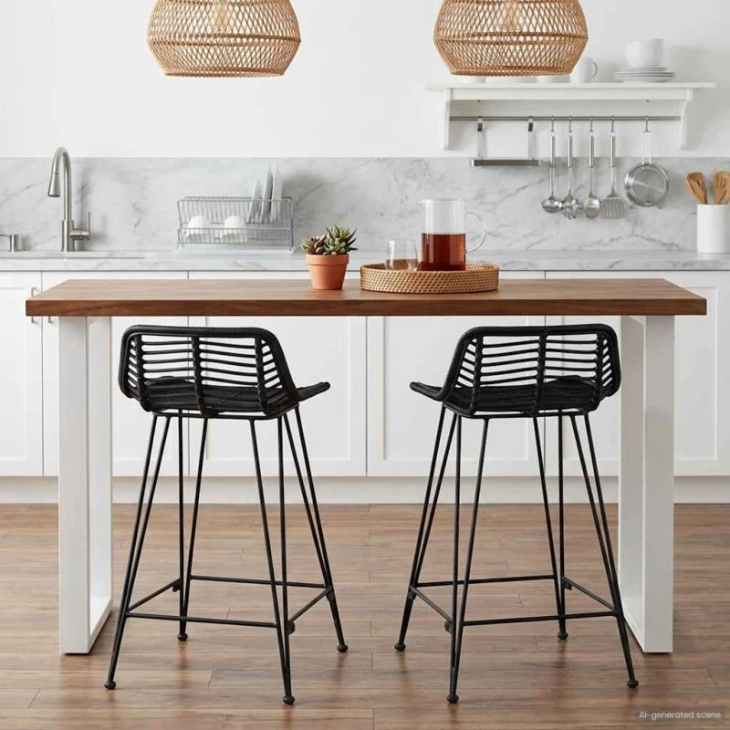 vidaXL Barbænk 2 stk, Sort, 44 x 45 x 76 cm, Rattan og Stål