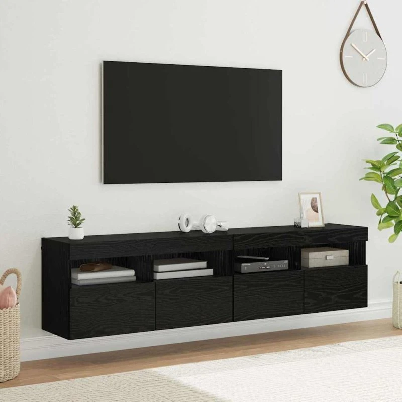 vidaXL TV-væghylder 2 stk, sort eg, 80 x 30 x 40 cm med LED-belysning
