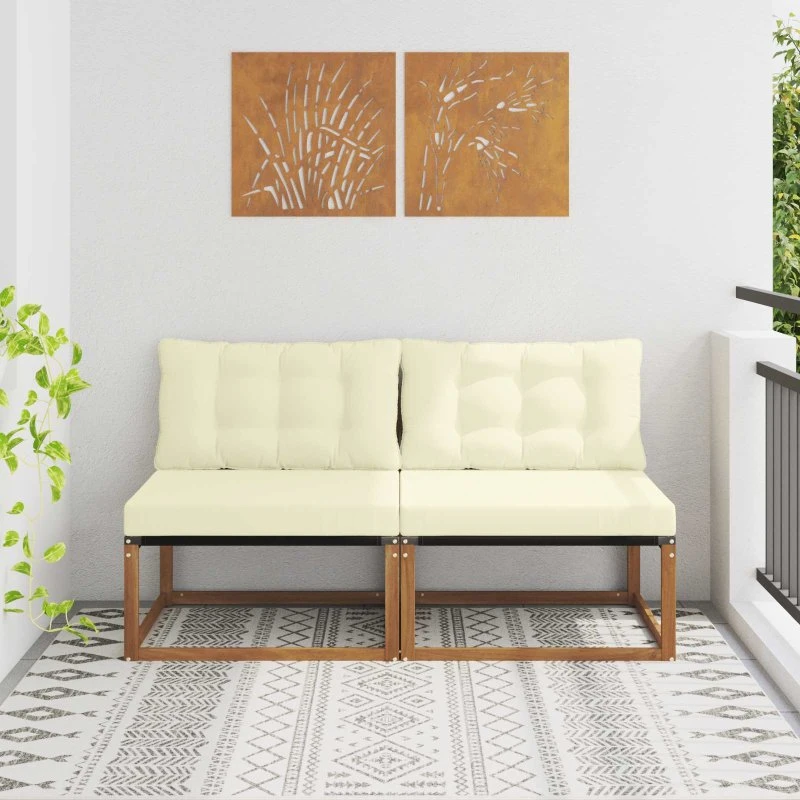 vidaXL 2-stks Udendørs Mellem Sofa i Akacietræ med Textilene, Creme
