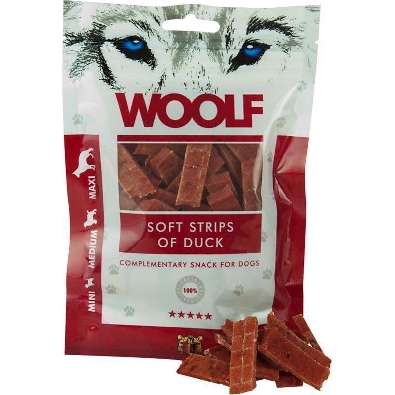 WOOLF Soft Strips of Duck, 100 g, kornfri andekødsgodbidder