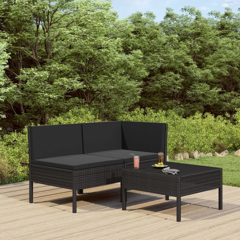 vidaXL 3-deles loungesæt i polyrattan, sort med hynder
