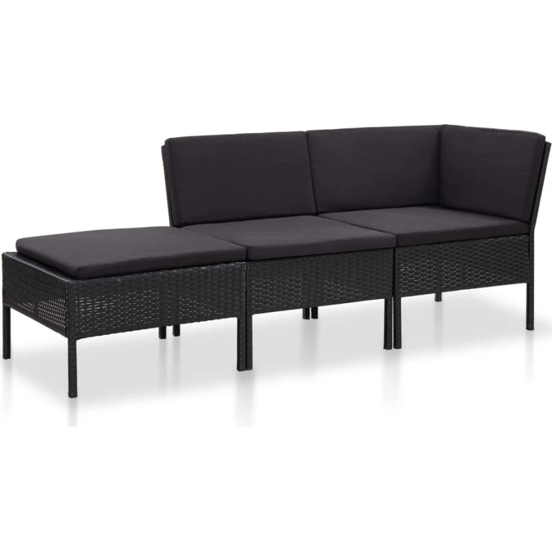 vidaXL Haveloungesæt 3 dele med hynder polyrattan sort