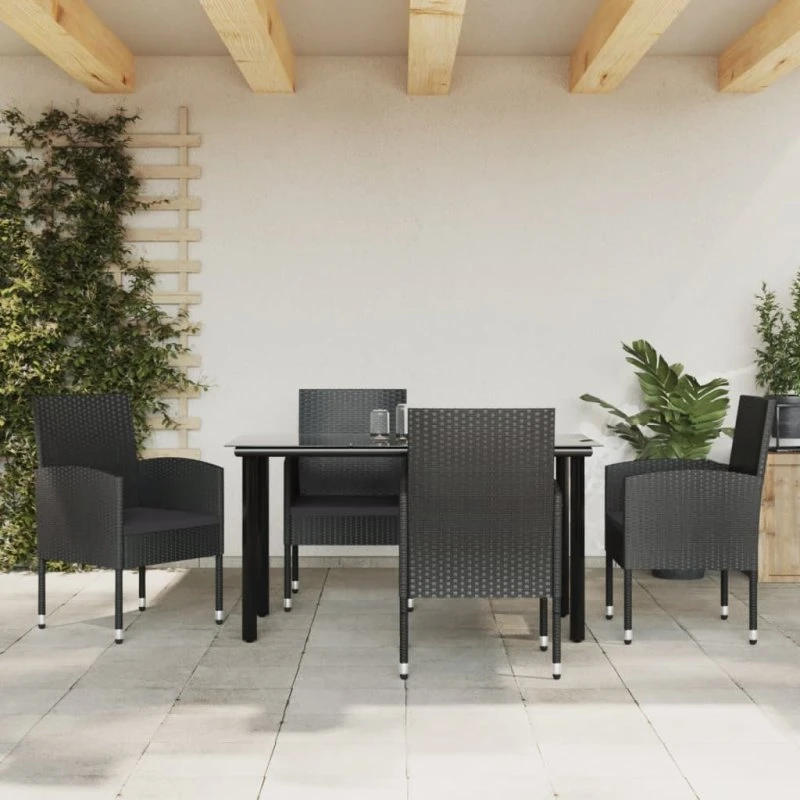 vidaXL 5-deligt spisebordssæt i sort polyrattan og stål, 140 cm