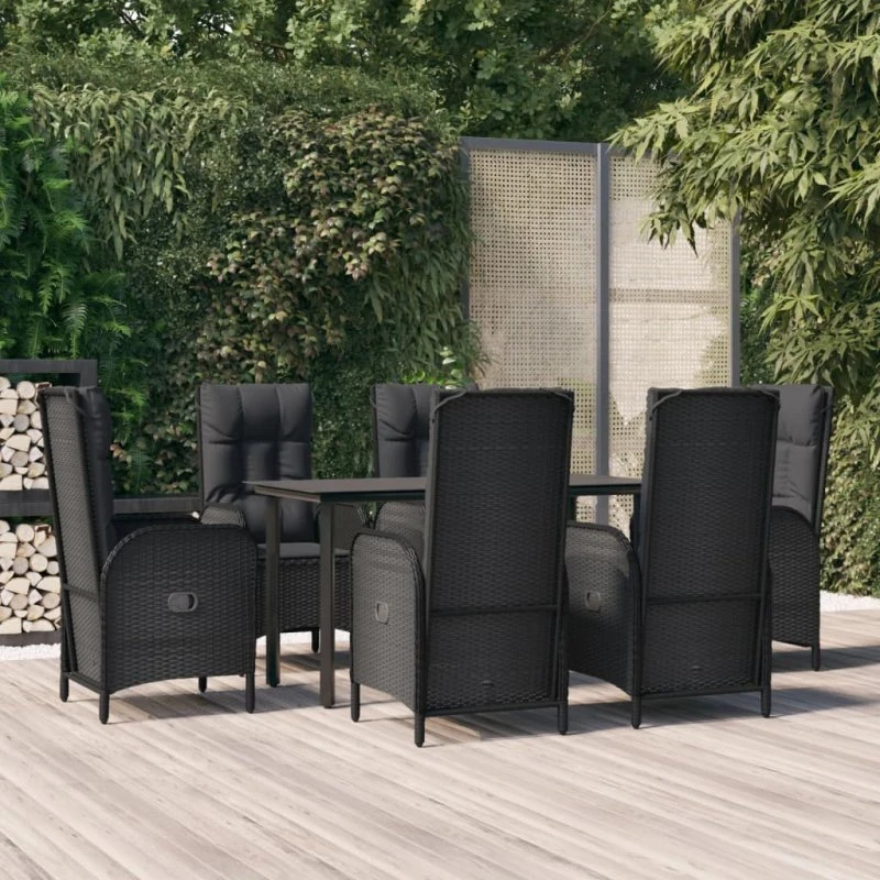 vidaXL 7-delssæt polyrattan sort med bordplade i hærdet glas