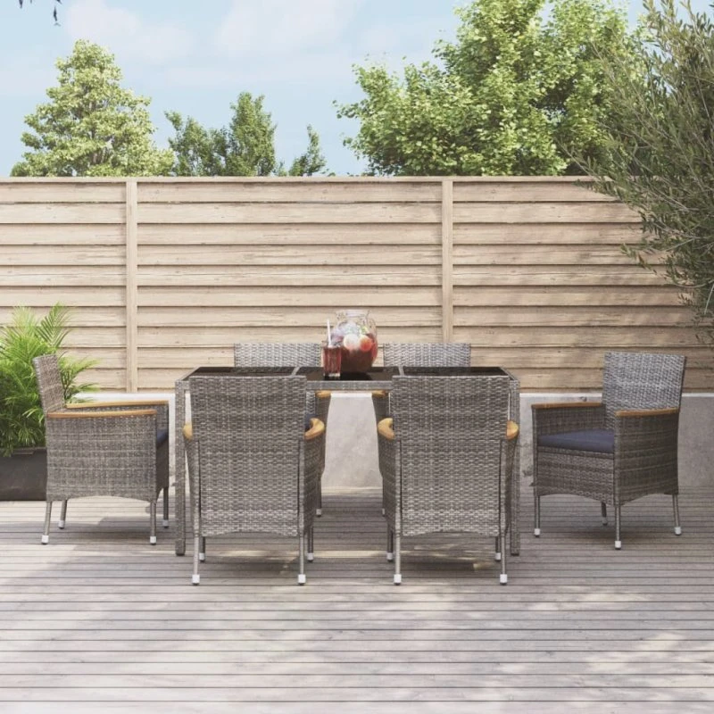 vidaXL 7-deligt spisebordssæt med hynder i grå polyrattan