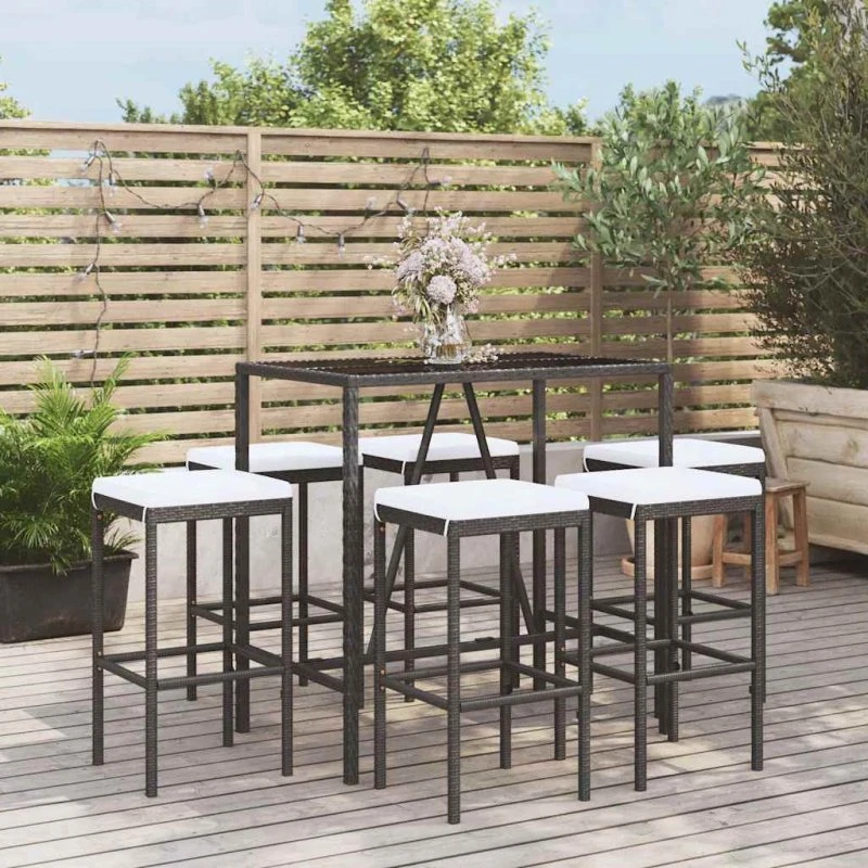 vidaXL Barsæt 7 dele med hynder i polyrattan, sort
