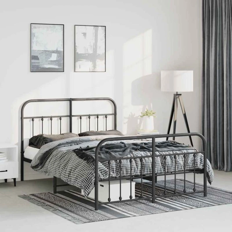 vidaXL Sengeramme 135x190 cm metal sort med sengegavl og fodgærde