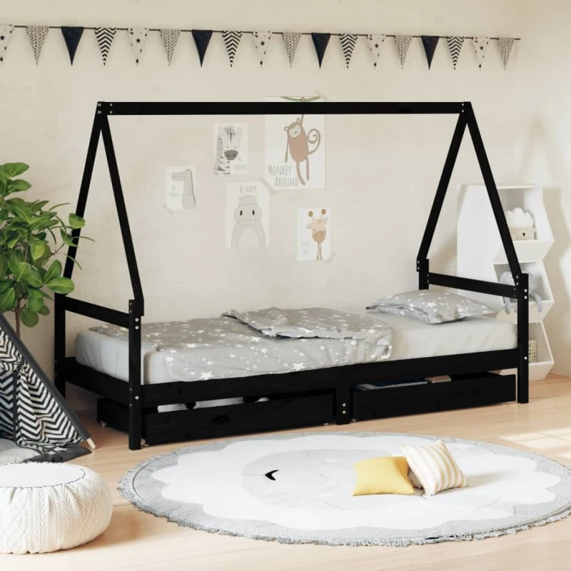 vidaXL Sengeramme til juniorseng 80x200 cm, massivt fyr, sort