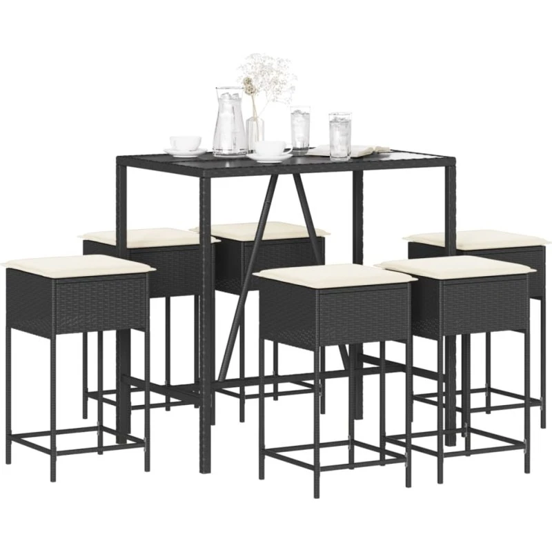 vidaXL Barsæt 7 dele med hynder i sort polyrattan
