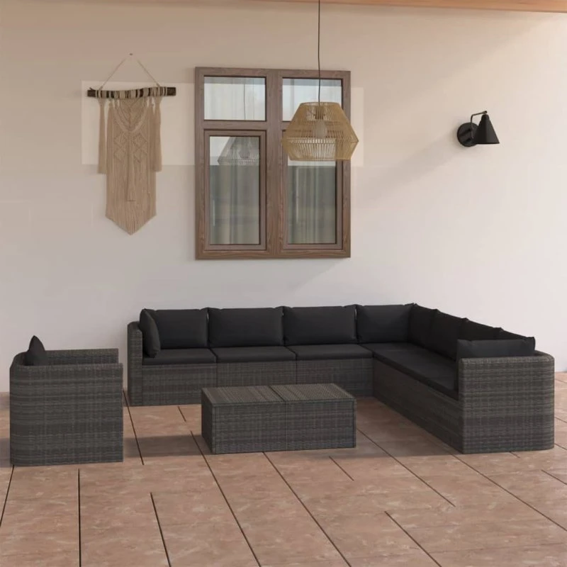 Haven 9-deles loungesæt i polyrattan, grå, med hynder