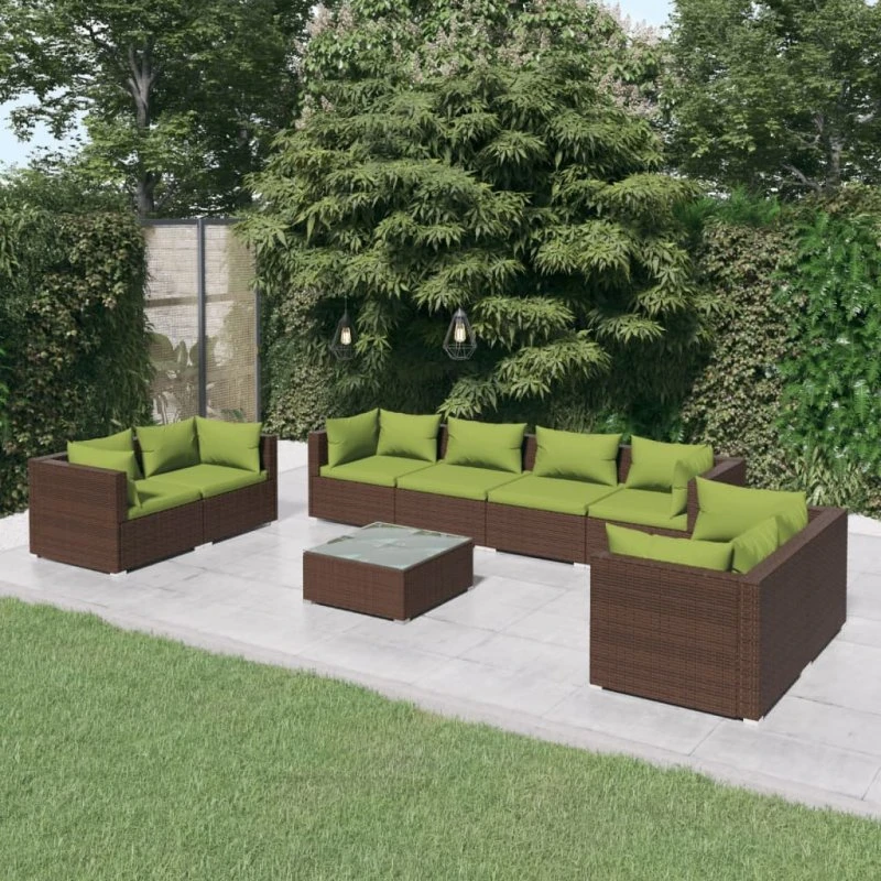 vidaXL 9-deligt loungesæt i polyrattan med grønne hynder, brun