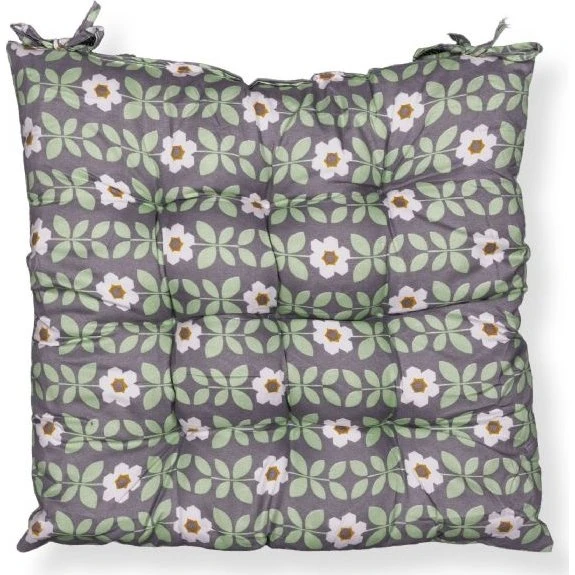 Stolehynde 35x35x6 cm - Grå med grønne og hvide blomster