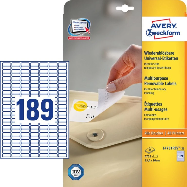 Avery Aftagelige Etiketter 25,4x10 mm, 30 Ark