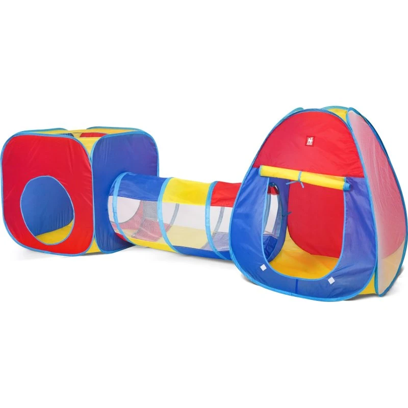 4-Kids 3-i-1 telt med tunnel, 255x80x90 cm, blå/rød/gul