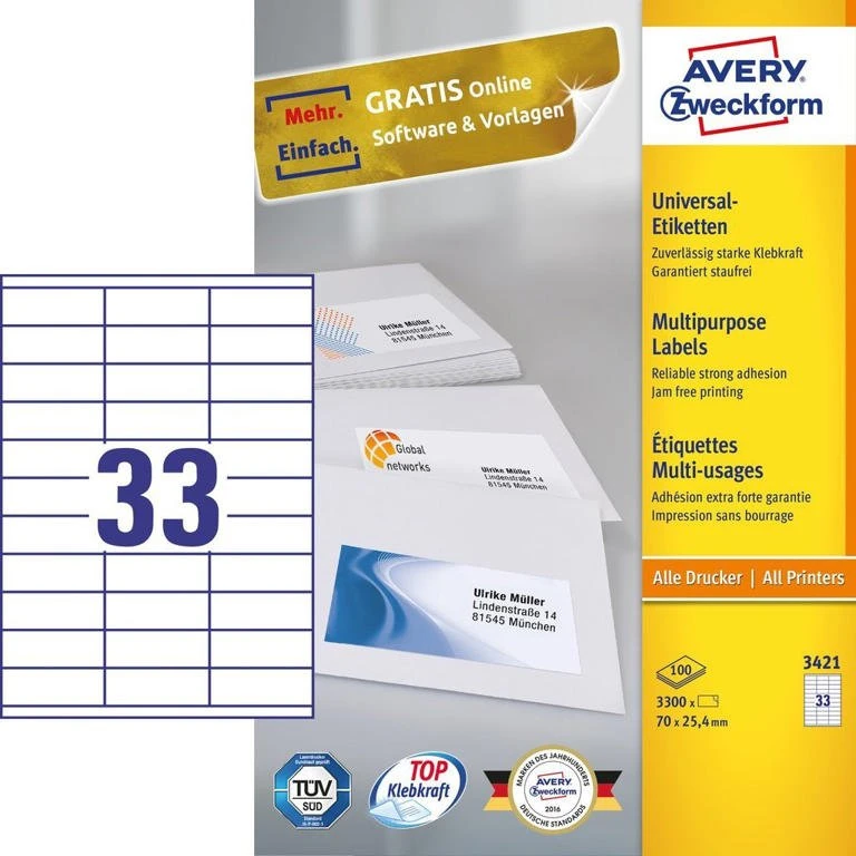 Avery 3421 Etiketter 70x25,4 mm, 3300 stk, Hvid
