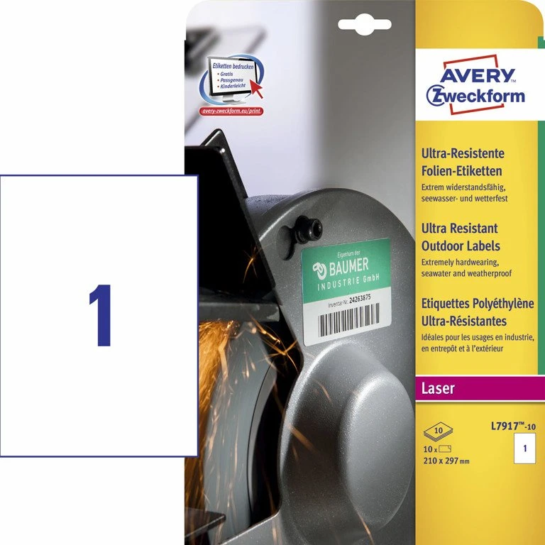 Avery L7917 Ultraresistente Udendørs Etiketter, 210x297 mm, Hvid, 25 Ark