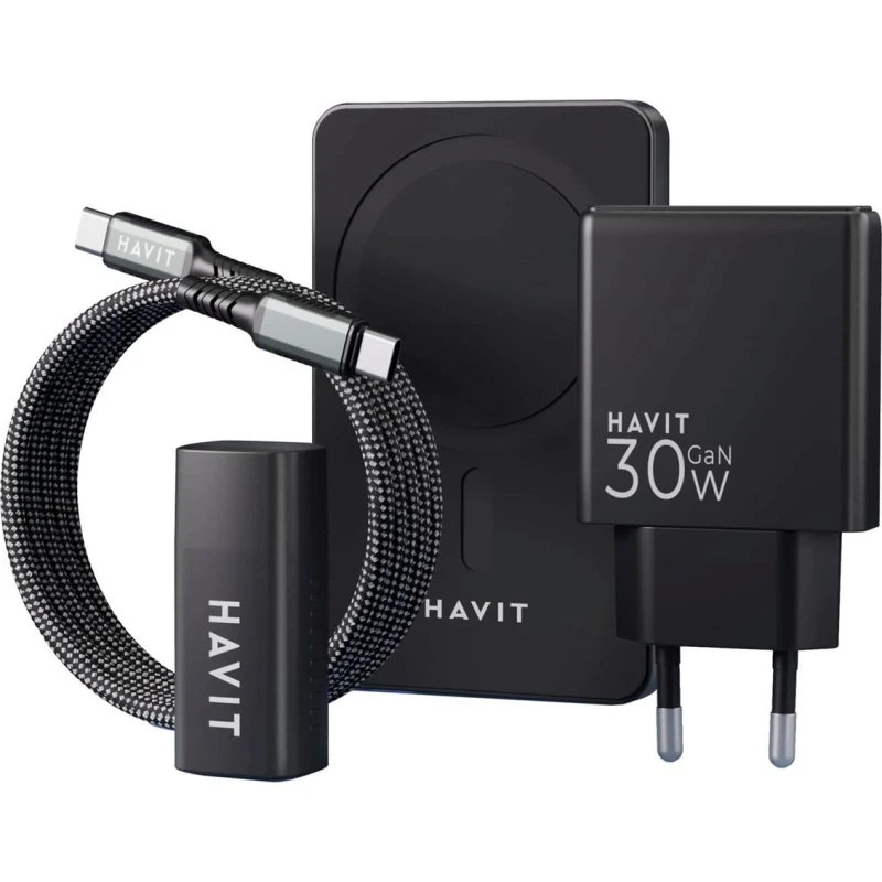 Havit Opladerkit med 5.000 mAh Powerbank, Grå/Sort