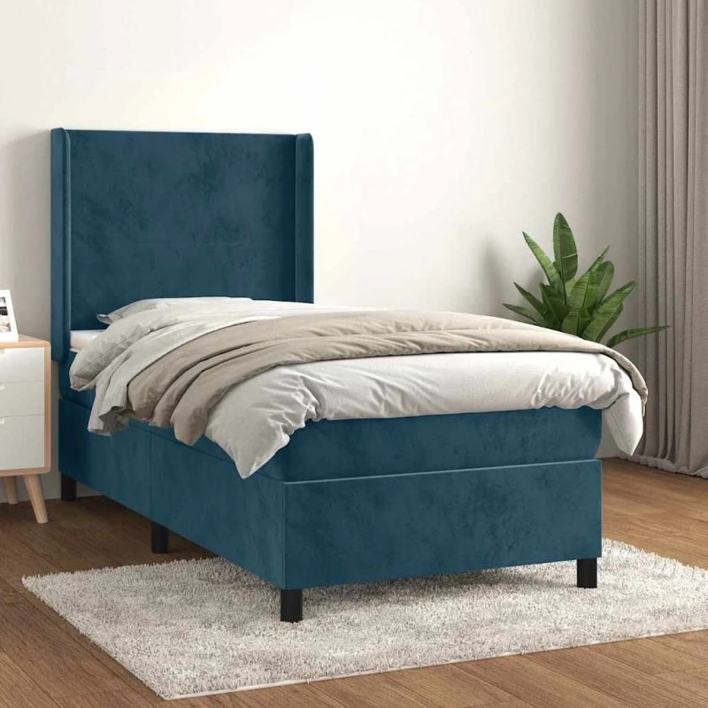 vidaXL Kontinentalseng 90x190 cm mørkeblå fløjl med pocketfjedresmadras