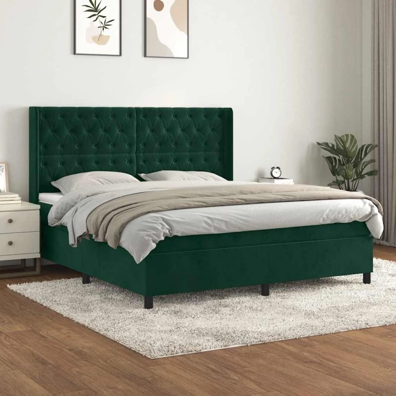 vidaXL Kontinentalseng 160x200 cm, mørkegrøn, fløjl med pocketfjedre