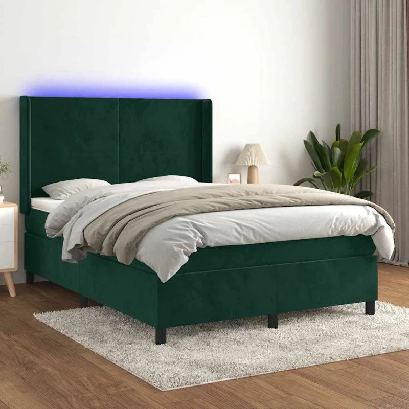 vidaXL Kontinentalseng 140x200 cm med LED-lys, mørkegrøn fløjl