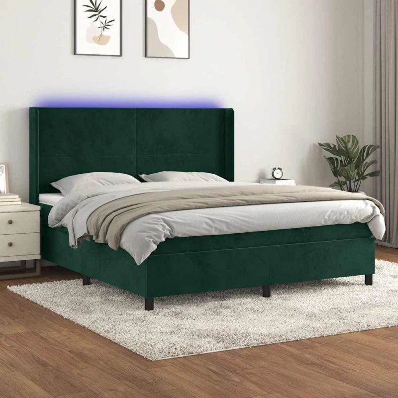 vidaXL Kontinentalseng 180x200 cm med LED-lys, mørkegrøn fløjl
