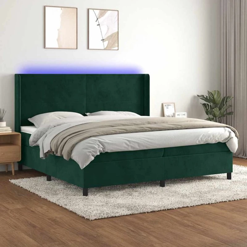 vidaXL Kontinentalseng 200x200 cm mørkegrøn med LED-lys i fløjl