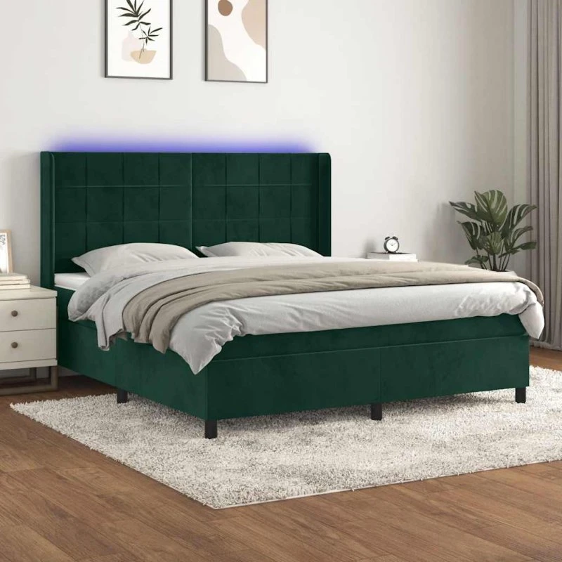 vidaXL Kontinentalseng 160x200 cm med LED-lys, mørkegrøn fløjl