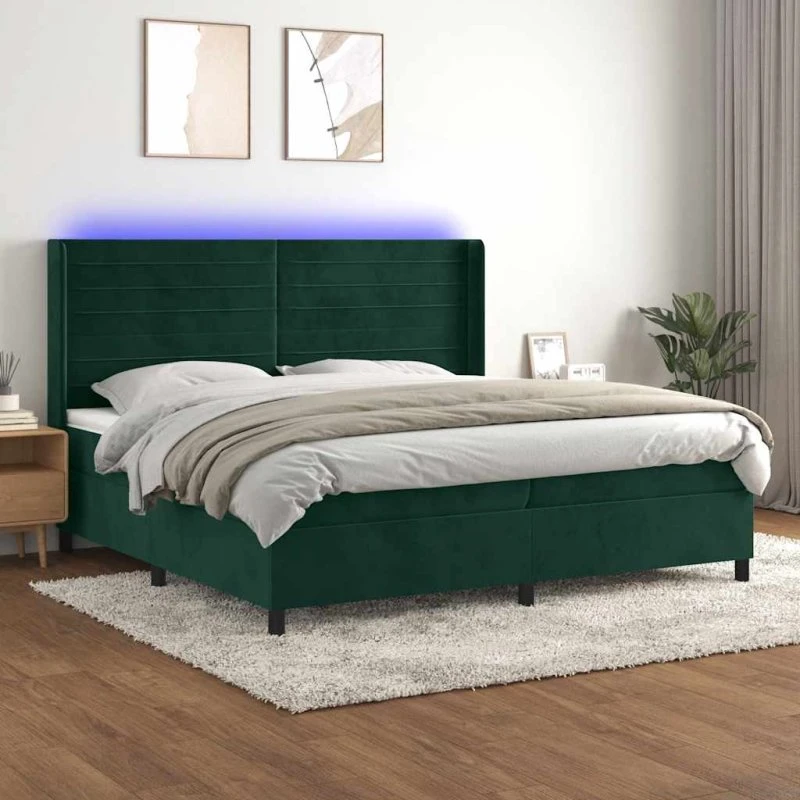 vidaXL Kontinentalseng 200x200 cm med LED-lys i mørkegrøn fløjl