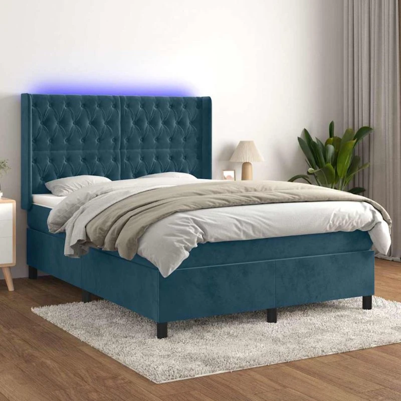 vidaXL Kontinentalseng 140x190 cm mørkeblå med LED-lys