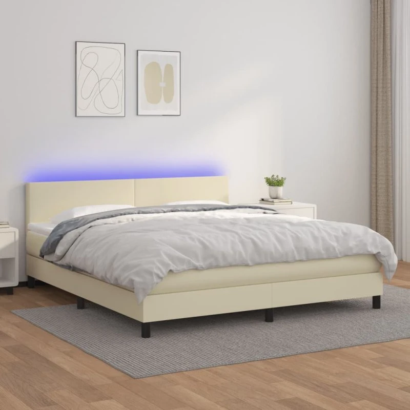 vidaXL Kontinentalseng 160x200 cm med LED-lys i cremefarvet kunstlæder