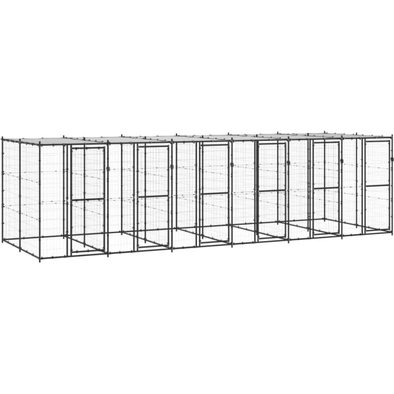 vidaXL udendørs hundebur med tag 14,52 m², stål, sort/sølv