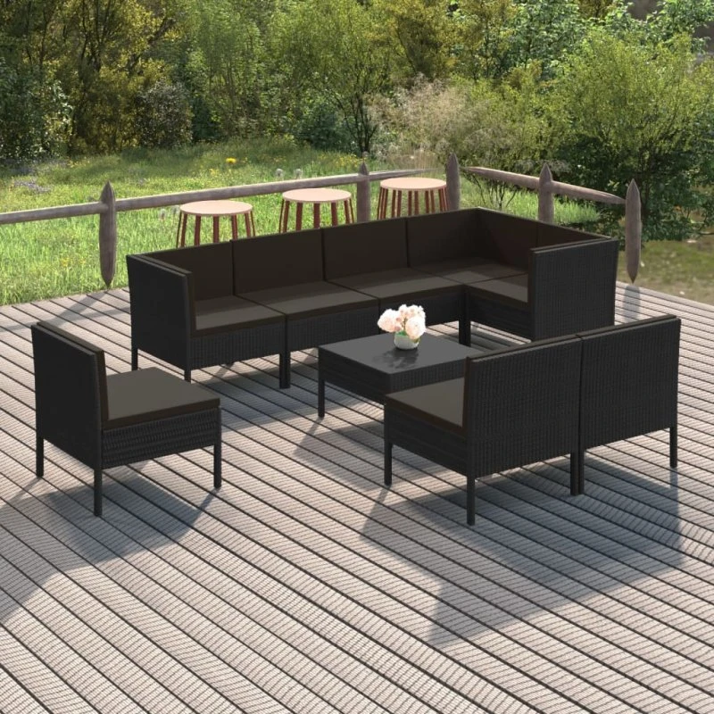 vidaXL 9-deligt loungesæt i sort polyrattan med hynder