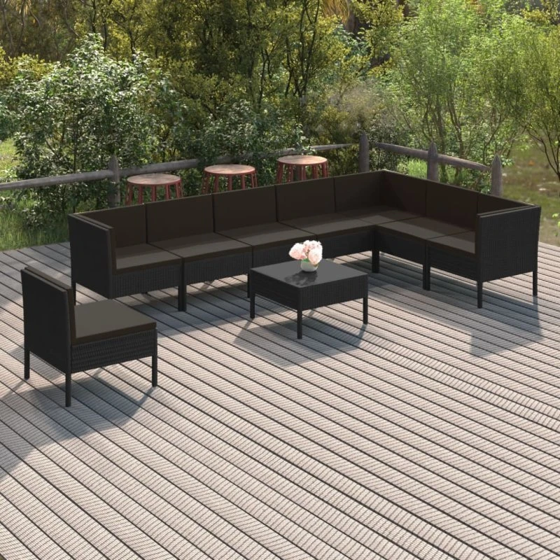 vidaXL 9-deligt loungesæt i polyrattan med hynder, sort