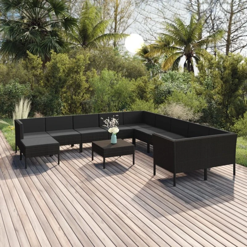 vidaXL 12-deligt loungesæt i polyrattan med hynder, sort