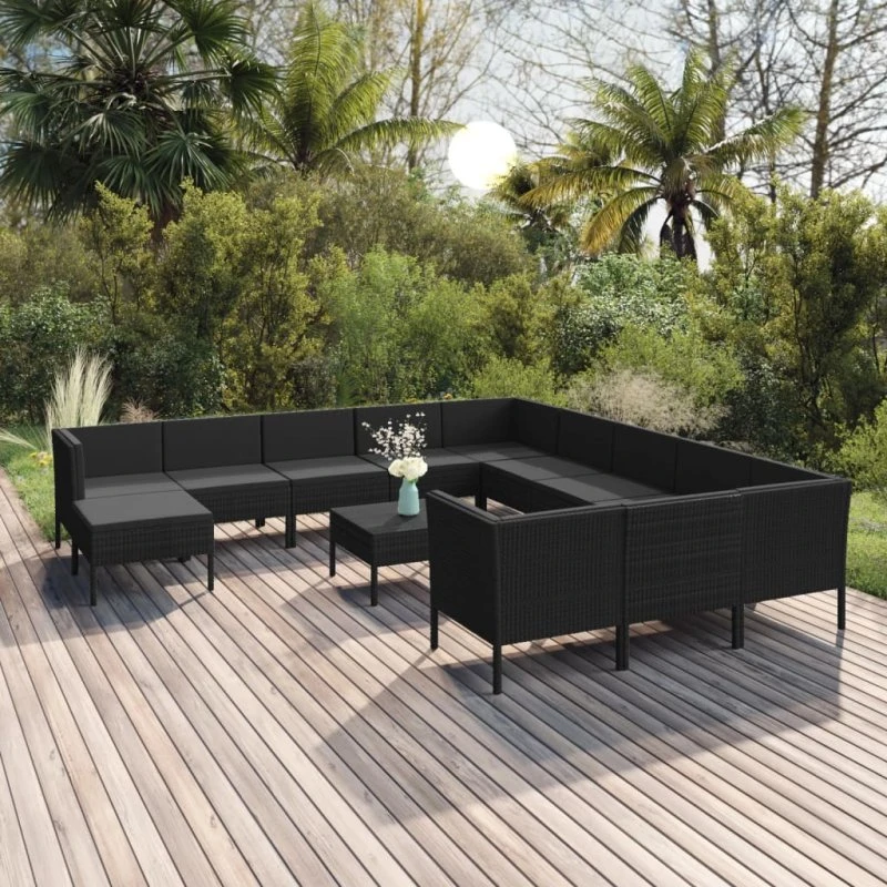 vidaXL 13-deligt loungesæt i polyrattan med hynder, sort