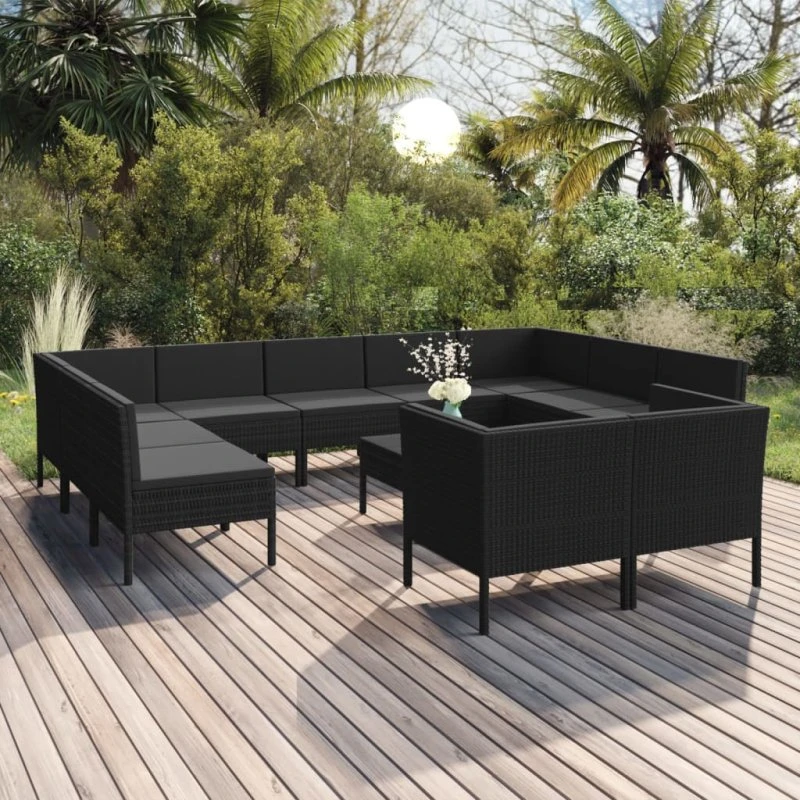 vidaXL 12-deligt loungesæt i polyrattan med hynder, sort