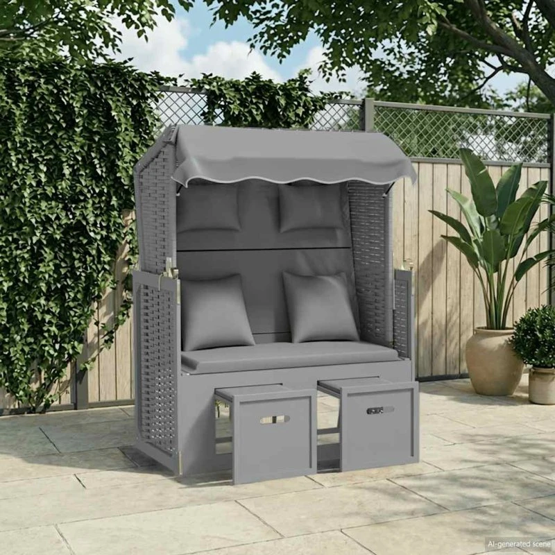 vidaXL Strandkurv med hynder i polyrattan og træ – grå