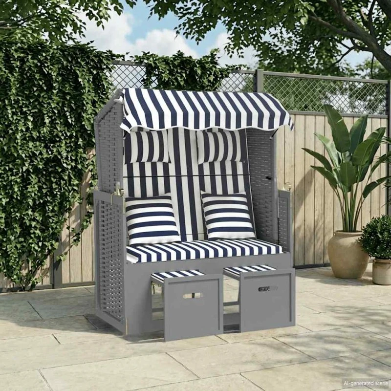 vidaXL strandkurv med hynder, polyrattan og træ, blå og sort