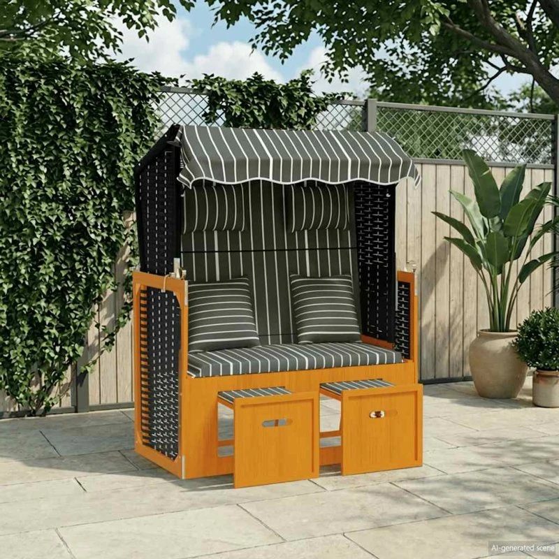 vidaXL strandkurv med hynder, polyrattan og træ, sort/grå