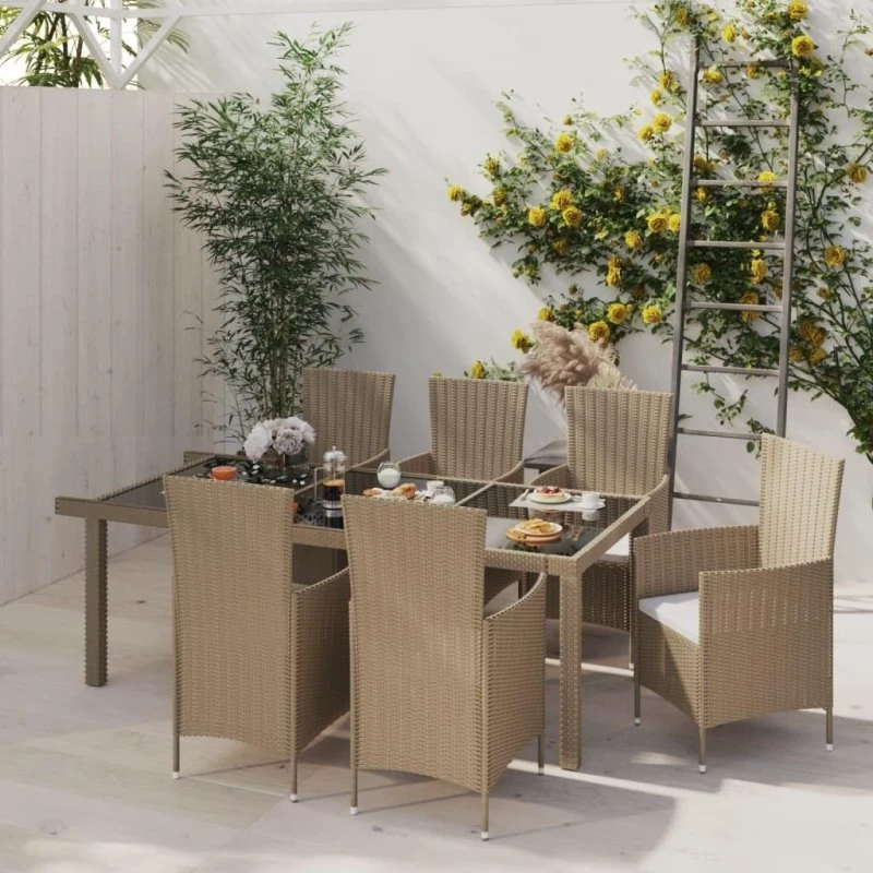 SUNLIFE Udendørs spisebordssæt 6-personer i beige polyrattan med stålstel