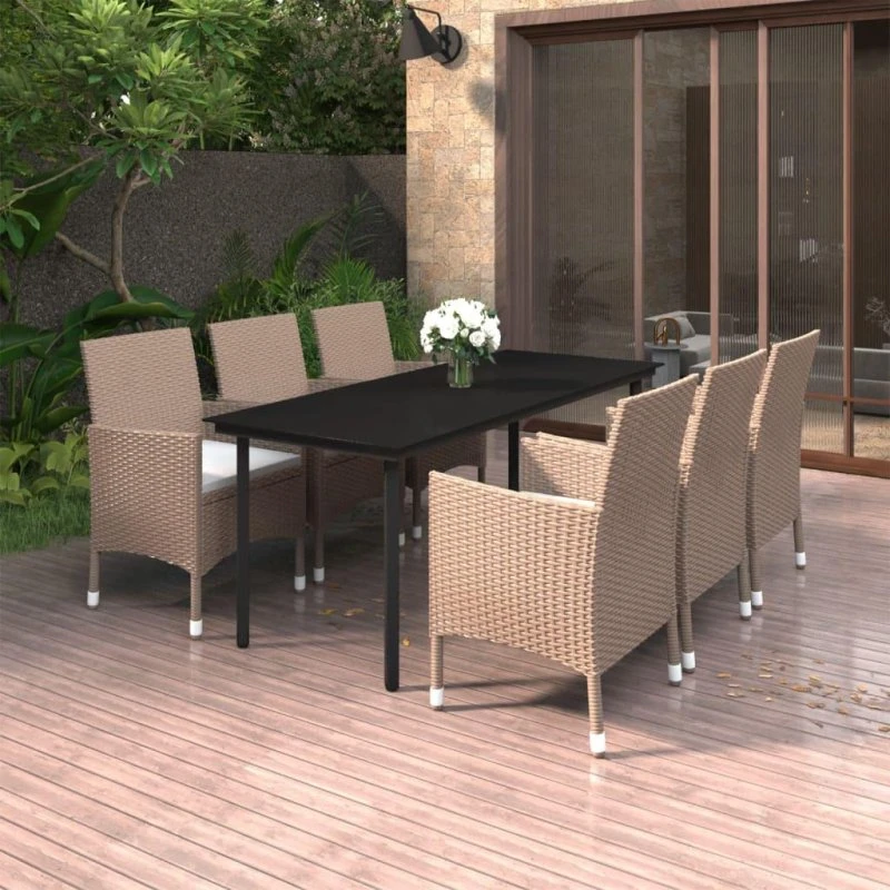 Bamboo Living Spisebordssæt 7-del, beige polyrattan med sort glasbordplade