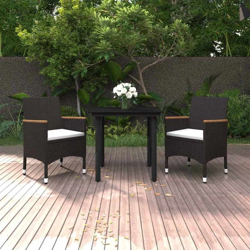 vidaXL 3-delssæt polyrattan/glas, sort med creme hynder