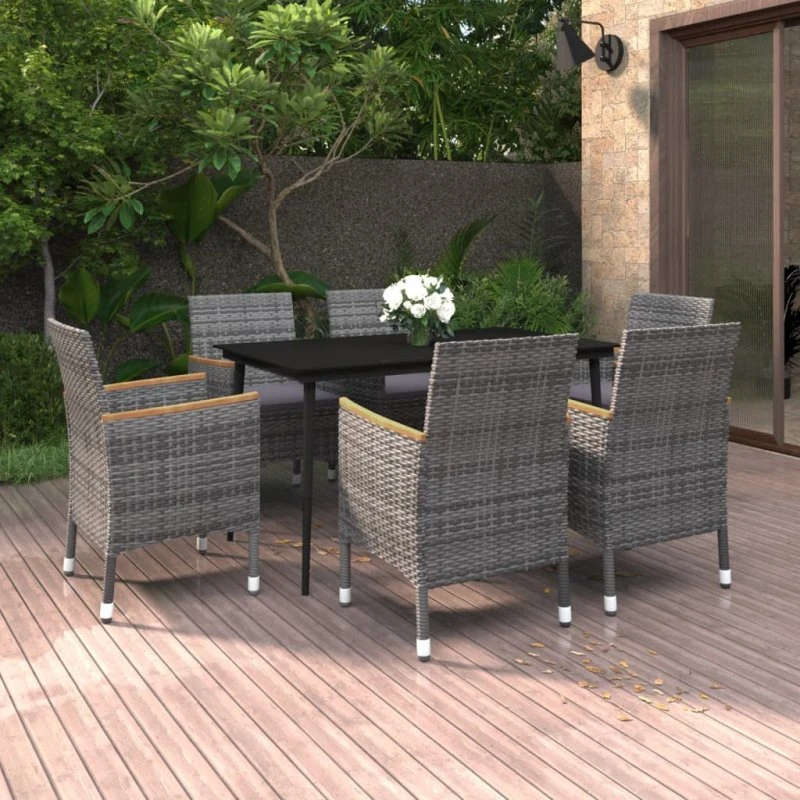 vidaXL 7-del spisebordssæt med polyrattan, glas og hynder