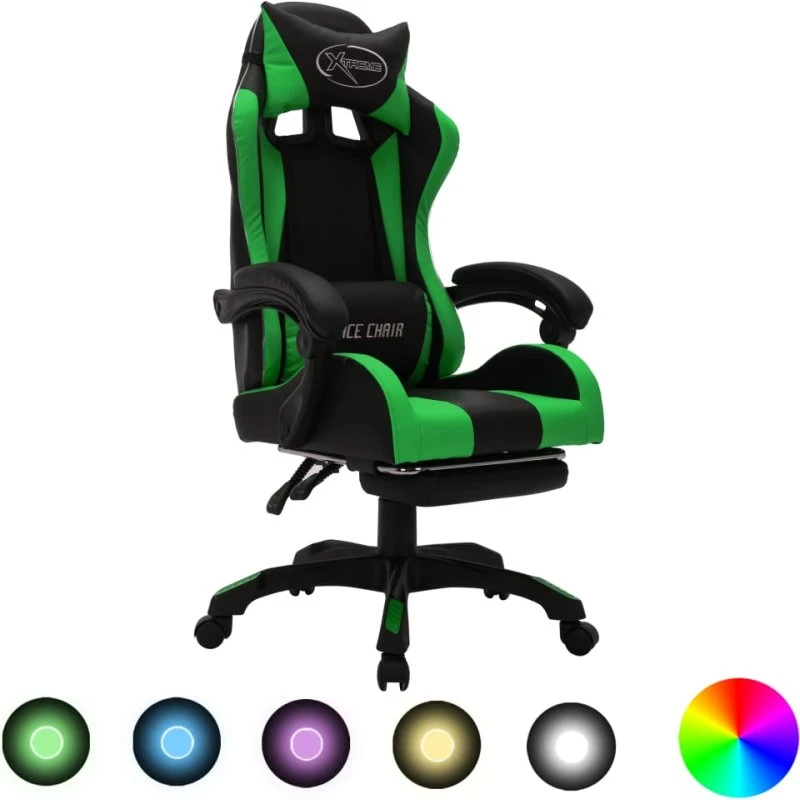 vidaXL Gamingstol med RGB-lys, grøn/sort, højdejusterbar med fodstøtte