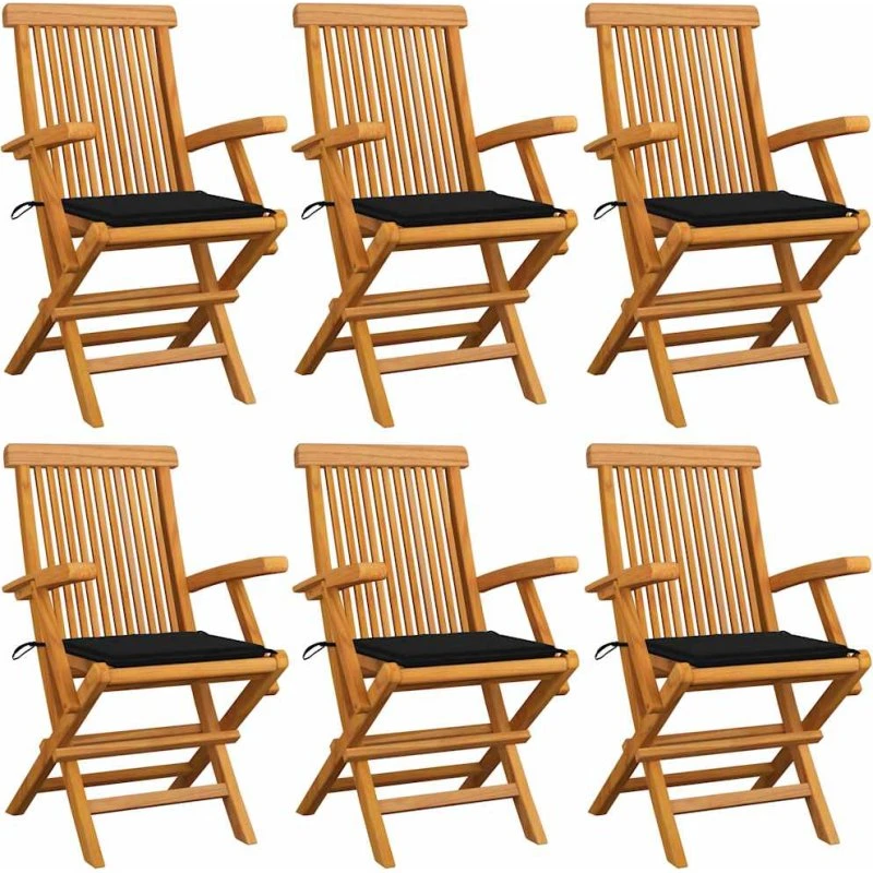 vidaXL Havestole i massivt teaktræ med sorte hynder 6 stk.
