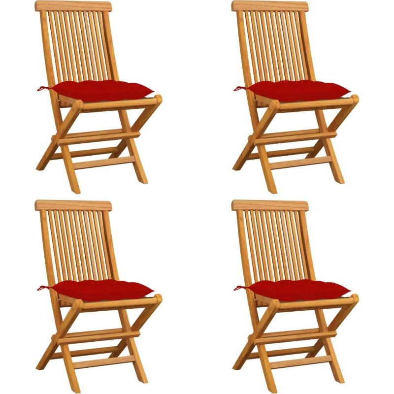 vidaXL Foldbare Havestole i Massivt Teak med Røde Hynder – 4 stk.